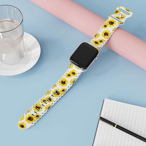 UpfurMach Compatible with Apple Watch Band 41mm 40mm 38mm 49mm 45mm 44mm 42mm Women Girl, Sunflower Print Lace Hollow-out Soft Silicone Sport Bands For iWatch Ultra SE Series 9 8 7 6 5 4 3 2, thumbnail 4