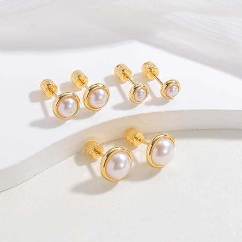Seraphina 14K Gold Pearl Stud Earrings for Women | Hypoallergenic Screw Back Helix Cartilage Piercing French-Style Half-Circle Pearl Earrings thumbnail 3