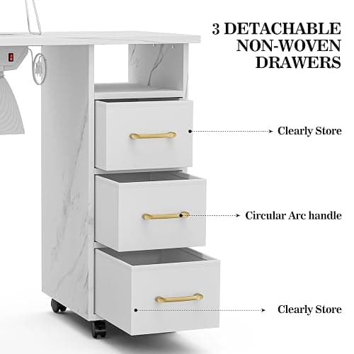 Belandi Manicure Table Nail Station with Charging Station, Marbling Texture Nail Tech Table Nail Table Station w/Dust Collector, Power Outlets, LED Lamp, Non-Woven Drawers & Wrist Cushion(White) thumbnail 5