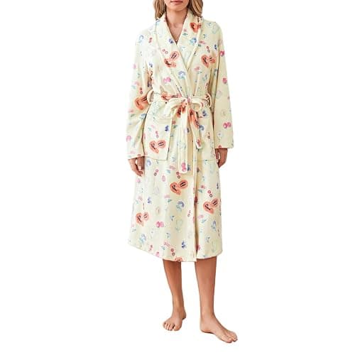 Owl's-Yard Women's Soft Summer Dressing Gown Floral Fruit Print Plush Shawl Collar Bathrobe Warm Lounge Robe with Belt thumbnail 2
