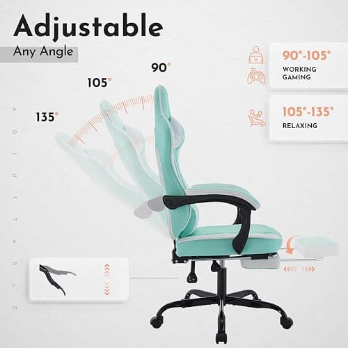 SUKIDA Gamers Choice Gaming Chair - Gaming Chairs for Adults 300lbs, Ergonomic Gamer Gamingchair with Footrest Cool Pc Computer Comfy Leather Swivel Recliner Adjustable Massage Lumbar, Green Blue thumbnail 7