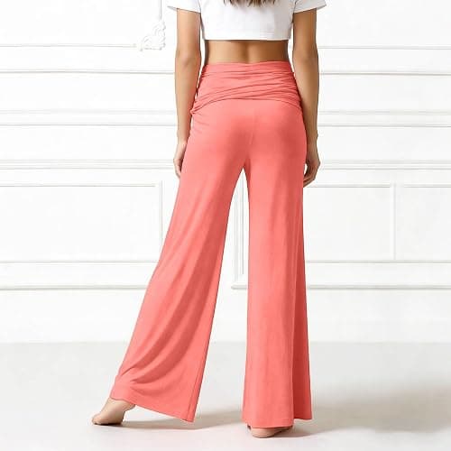 Coral Fold Over Yoga Pants Mädchen, Weite Lounge Hose Mit Raffung, Loose Fit Uni Corals Pants 2026 Coral Fold-Over-Yogahose, Weite Palazzo Hose Mit Hohem Umschlagbund,Korallfarbene Faltenhose thumbnail 4