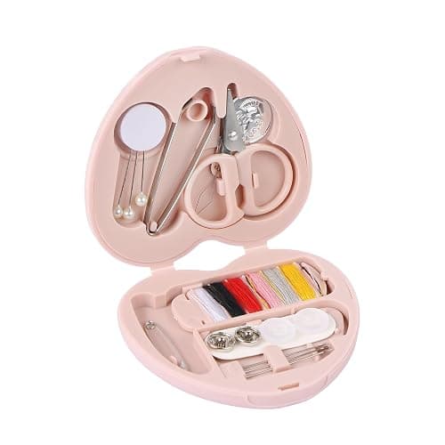 MIDELONG Heart Shaped Portable Travel Sewing Repair Kit - Mini Box with Threads, Scissors, DIY Hand Sewing Needles, Pink - Image 1