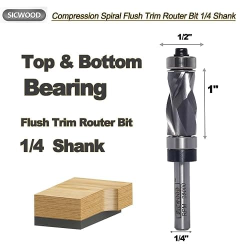 SICWOOD Compression Top and Bottom Bearing Flush Trim Router Bit 1/4 Shank - 1/2" Cutting Dia, Carbide Spiral Up-Down Pattern Template Flush Cut Router Bit, for Wood Trimming thumbnail 2