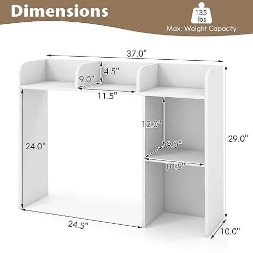 Tangkula Desktop Bookshelf, Countertop Storage Hutch with 5 Shelves for Computer Desk, Desktop 3-Tier Display Rack, Multipurpose Wood Desktop Hutch Storage Organizer for Dorm Office Home - White-5 Shelves thumbnail 3