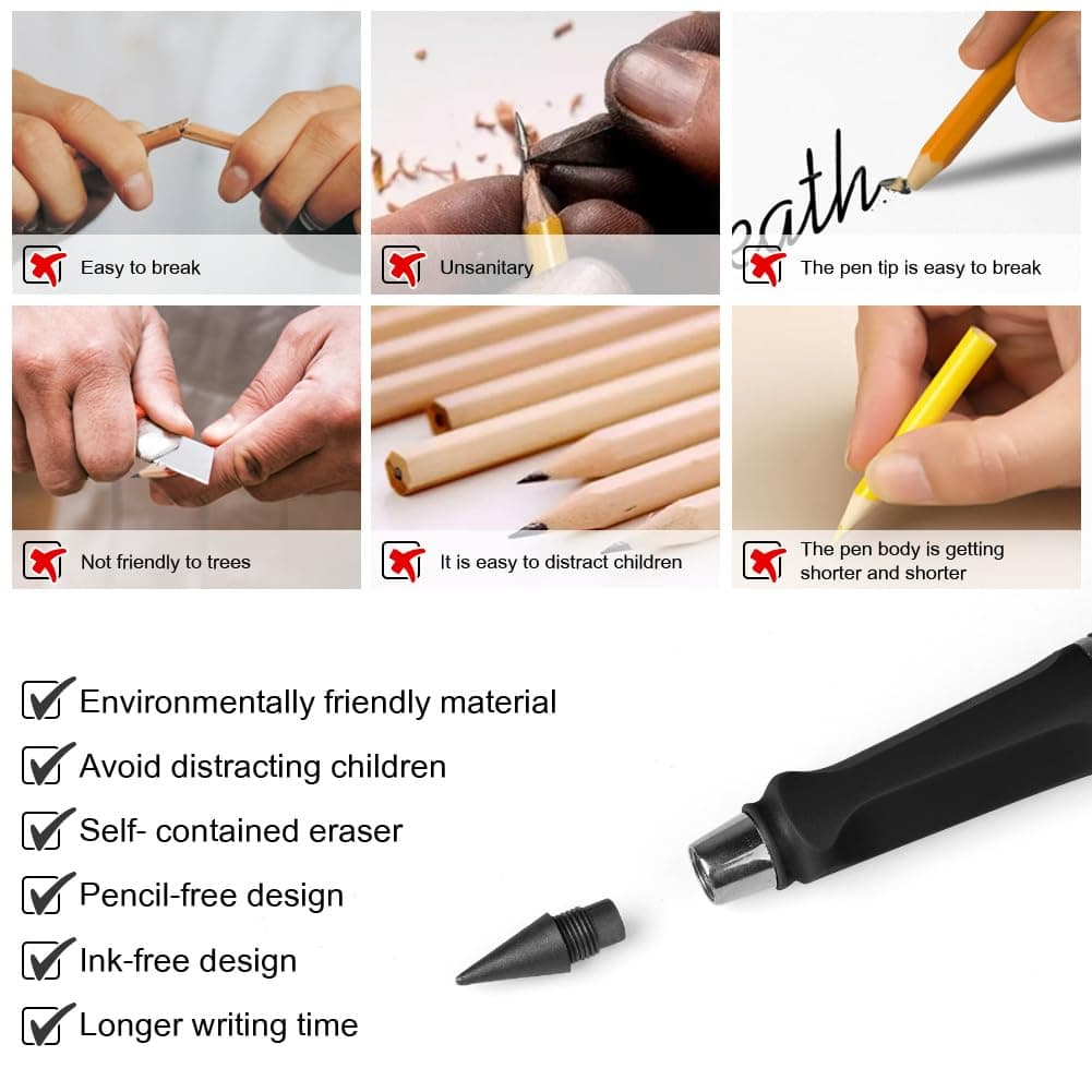 Ainiv 6pcs Ink Free Magic Pencils for Eternal Pens with Replaceable Nib, Endless Reusable Pen for Writing Drawing with Extra 8 Interchangeable Tips, School Supplies for Home Office thumbnail 6