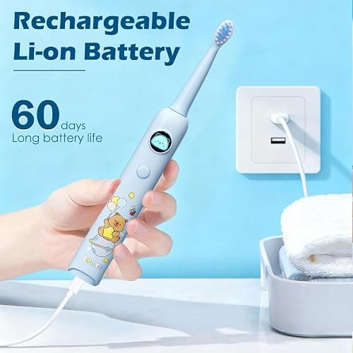 Huedbeads Kids Electric Toothbrush, Sonic Rechargeable Toothbrush with 6 Replacement Heads, Soft Bristle, IPX7 Waterproof, LED Display, Oral Care for Toddlers & Children Aged 2+ Years(Blue) thumbnail 6