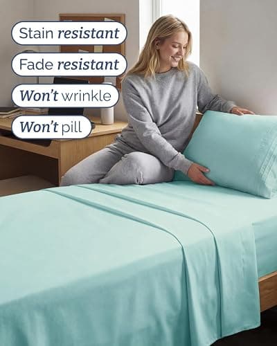 Twin XL 3 Piece Sheet Set - College Dorm Room Essentials - Spa Blue | Deep Pocket Bed Sheets for Women, Men, Teens & Students, Soft, Cooling, Breathable & Wrinkle Free, Oeko-Tex Bed Sheet Set thumbnail 5