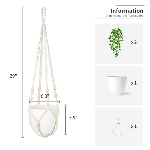 Mkono Fake Hanging Plant, Macrame Hanger with Pothos Vines & Pot, Ivory | Artificial Hanging Plants for Home Decor Indoor, Realistic Look, Perfect for Bedroom Bathroom Kitchen Office Boho Display thumbnail 3