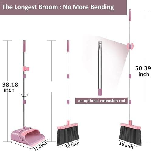 kelamayi Broom and Dustpan Set for Home, Office, Indoor&Outdoor Sweeping, Stand Up Broom and Dustpan (Pink) thumbnail 3