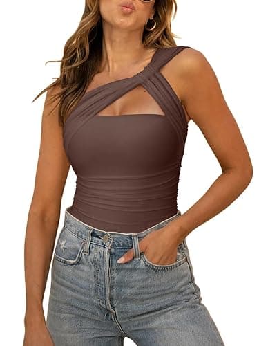 REORIA Womens Sexy One Shoulder Asymmetrical Leopard Print Mesh Ruched Backless Going Out Bodysuits Tops - Image 1