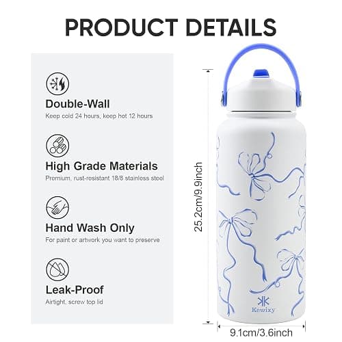 KEWIXY 32 oz Insulated Water Bottle with Straw, Bow Water Bottle Stainless Steel with Flip Straw and Handle, Leak Proof, Metal, Reusable, Wide Mouth, for Travel, Gym and School (Breeze Blue Bow) thumbnail 3