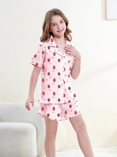 QZH.DUAO 3 Piece Girls Pajama Sets 100% Cotton Ruffle Long Pants with Shorts Sleepwear 3pcs Button Down PJs 5-14 Years thumbnail 4