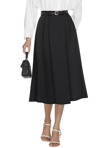 Casly Lamiit A-Line Midi Skirts for Women Business Skirt | Elastic High Waisted, Pleated with Pockets, Work Skirts Casual - Image 1