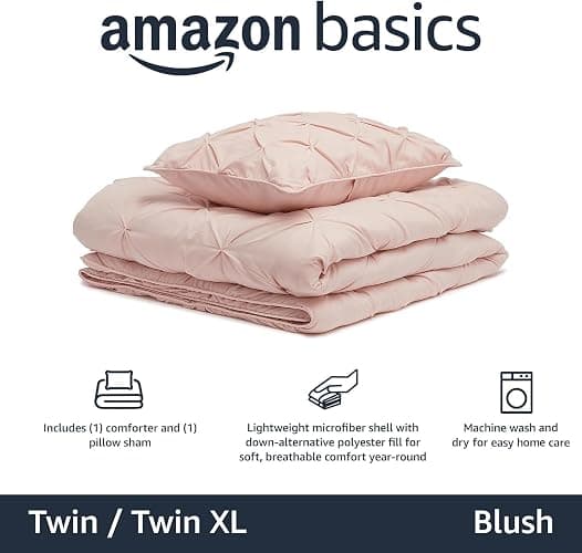 Amazon Basics Soft Twin Size Comforter Sets, All-Season Down-Alternative 2 Piece Bedding Set, Pinch Pleat Design, Twin/TwinXL Size, Blush thumbnail 2