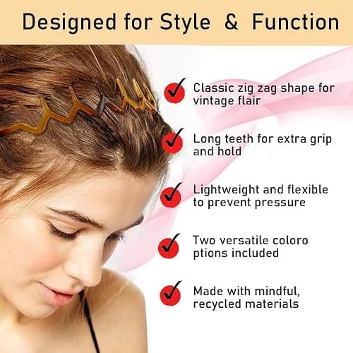 KALIYOTO Zig Zag Headbands, Recycled Plastic Wavy Hair Band with Teeth, Headbands for Women and Men, Classic 90s Hair Accessories, (1 Black Color+1 Brown) thumbnail 5