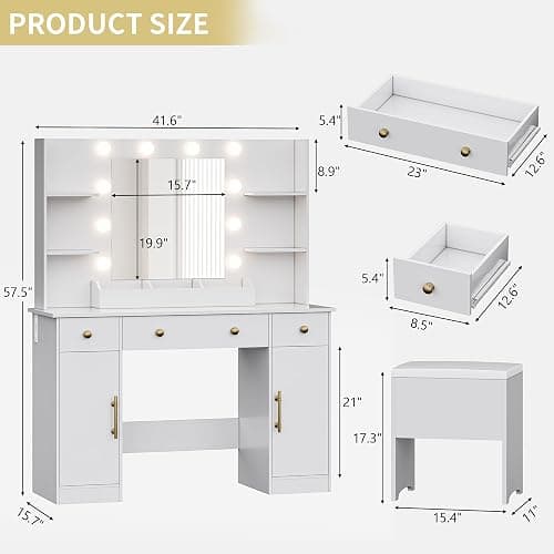Xixini Vanity Desk with Mirror and Lights, 43'' White Makeup Dressing Table Set with 5 Drawers & Chair, Power Outlet, 3 Lighting Modes Adjustable Brightness & RGB LED for Women Girls Bedroom Bathroom thumbnail 2