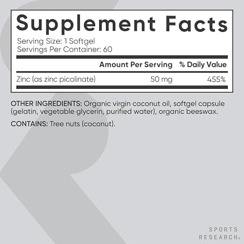 Sports Research® High Potency Zinc Picolinate 50mg with Organic Coconut Oil | Highly Absorbable Zinc Supplement for Healthy Immune & Enzyme Function - Non-GMO Tested & Gluten-Free (60 Liquid Softgels) thumbnail 2