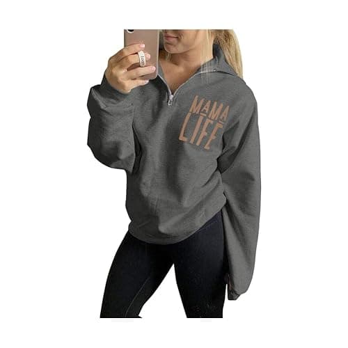 TAIUICY Women Mama Life Zip Up Pullover Sweatshirt Jacket High Collar Quarter 1/4 Zip Coat - Image 1