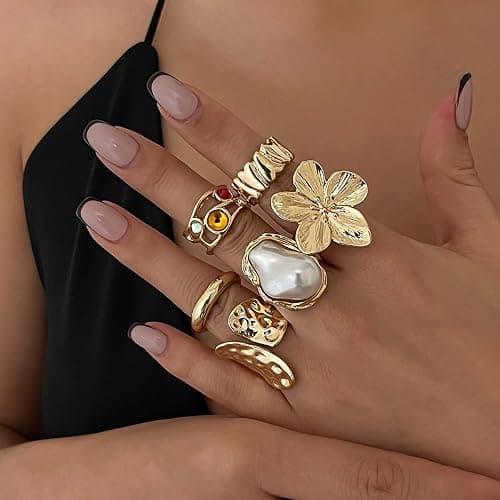 6PCS Chunky Rings for Women Adjustable Thick Rings Set Trendy Statement Stackable Ring for Women Chunky Jewlery Irregular Dome Flower Finger Knkuckle Thumb Ring thumbnail 4