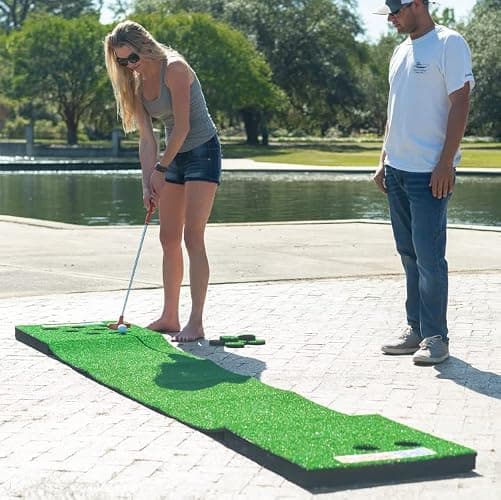 PutterBall Original Golf Putting Game Set – Backyard 12 ft Putting Green Pong Style Golf Mat with 2 Putters, 2 Balls & Hole Covers (PutterBall Original) thumbnail 4