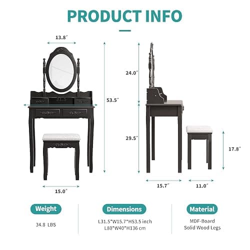 Alohappy Girls Vanity Desk, Makeup Vanity Set with Mirror & Stool, Makeup Table Black Vanity Desk with 4 Drawers Vintage Rose Carving Dressing Desk for Bedroom, Studio (Black) thumbnail 2