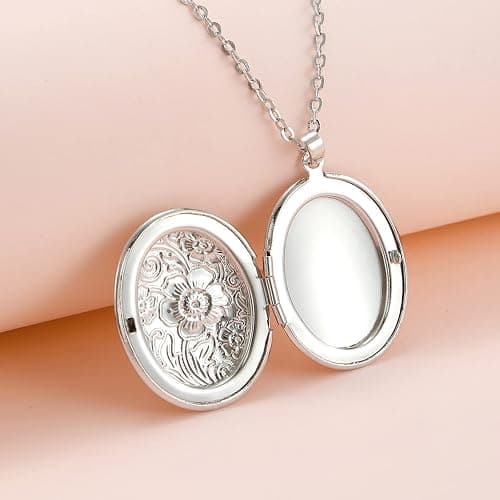 Vintage Engraved Flower Empaistic Photo Locket Hold Picture Oval Round Pendant Necklace Antique Carved Pattern Souvenir Memorial Clavicle Jewelry for Women thumbnail 4