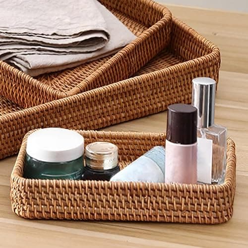 Rattan Serving Trays, Rectangle Decorative Display Tray, Storage Tray, Toilet Tank Paper Trays, Desktop Organiser Platters for Kitchen, Makeup, Vanity, Napkin, Candle, Ornament (Color:Brown) thumbnail 2