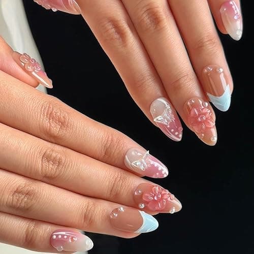 Small size Press On Nails - Luxury Almond 3D False Nails Women Reusable ABS Material Finger Printed Nail Tip French Salon Design-S size thumbnail 3