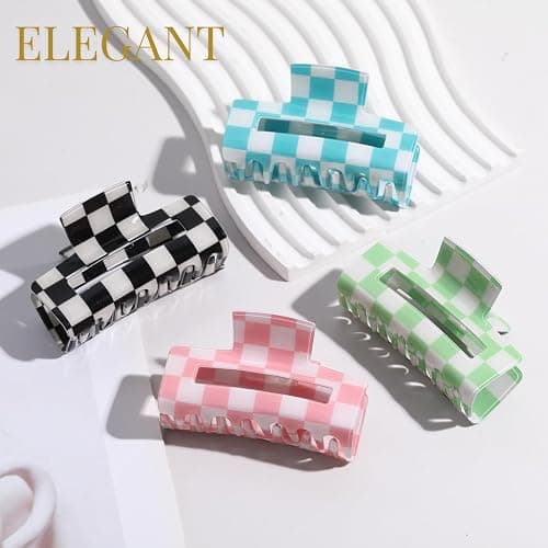 LuSeren 4 Pack 3 Inch colorful Hair Claw Clips for Women, Medium Rectangle Acetate Jaw Clips in Black, Pink,Green, Blue, Stylish Checkered Hair Accessories for Girls thumbnail 4