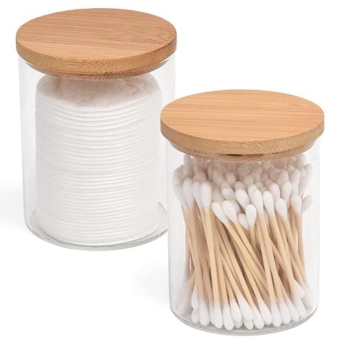 BKYFPQ 2 Pack Glass Qtip Holder Dispenser Set - Apothecary Jars with Lids - Vanity Makeup Organizer and Bathroom Canister Storage Organizer for Cotton Ball, Swab, Round Pads,Floss - 2pcs