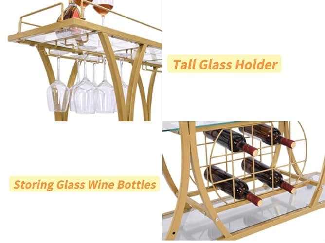 FABOMEI Gold Bar Carts with Glass Holders & Wine Rack,3 Tier Home Bar Serving Carts with Glass Shelves,Metal Rolling Bar Carts for The Home Kitchen, Party thumbnail 3