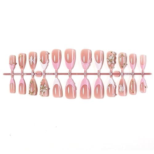 Spring Press On Nails French Fake Nails Medium Almond False Nails With Flower Pearl Designs Acrylic Nail Press Ons Full Cover Glue On Nails Glossy Stick On Nails For Women Manicure 24Pcs thumbnail 5
