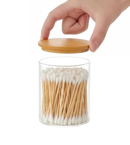 INIUNIK Glass Qtip Holder Dispenser with Bamboo Lid - 2 Pack Apothecary Jars - Cotton Balls Pads Swabs Holder Jar - Bathroom Vanity Canisters Jars for Countertop Storage and Organization thumbnail 5