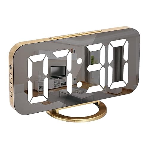 SZELAM Digital Alarm Clock,LED and Mirror Desk Clock Large Display,with Dual USB Charger Ports,3 Levels Brightness,12/24H,Modern Electronic Clock for Bedroom Home Living Room Office - Gold - Gold thumbnail 8