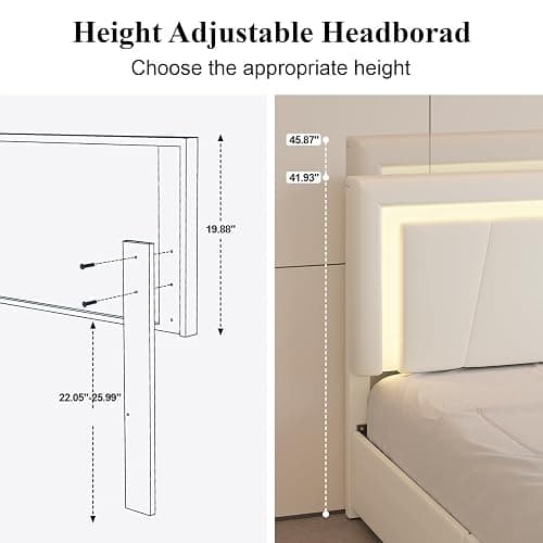 Full Size Bed Frame with 4 Storage Drawers and LED Lights, Upholstered Platform Bed with Adjustable Headboard and Charging Station, Metal Slats Support, No Box Spring Needed,Easy Assembly, White thumbnail 4
