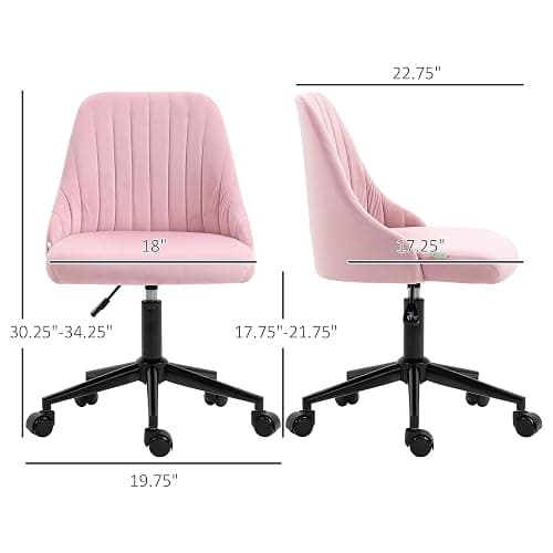 Vinsetto Mid-Back Office Chair, Velvet Fabric Swivel Scallop Shape Computer Desk Chair for Home Office or Bedroom, Pink - Pink thumbnail 3