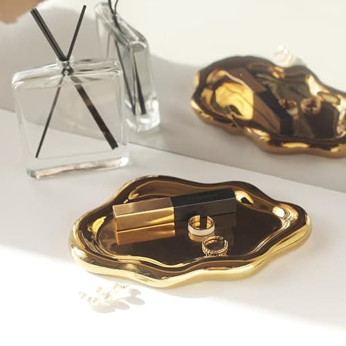 MDFAYE Jewelry Dish Trinket Tray for Women, Ring Dish Holder, Unique Cloud Shape Ceramic Plate Cute Things Vanity Aesthetic Room Decor Mother's Day Birthday (Gold) thumbnail 7