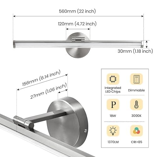 KAISITE Bathroom Light Fixture Over Mirror 22IN Brushed Nickel Vanity Lighting Fixture Dimmable LED Vanity Light Rotatable Modern Bathroom Light Bar 18W 3000K thumbnail 5
