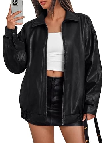Trendy Queen Womens Oversized Leather Jacket Moto Bomber Coat Fall&Winter | Spring Jacket Boyfriend Fall Clothes Going Out Fashion Concert Party Coat Travel Airport Winter Outfits - Image 1