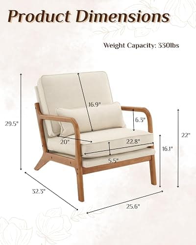 Karl home Accent Chair Mid-Century Modern Chair with Pillow Linen Fabric Upholstered Lounge Arm Chair with Solid Wood Frame & Soft Cushion for Living Room, Bedroom, Balcony, Beige thumbnail 2