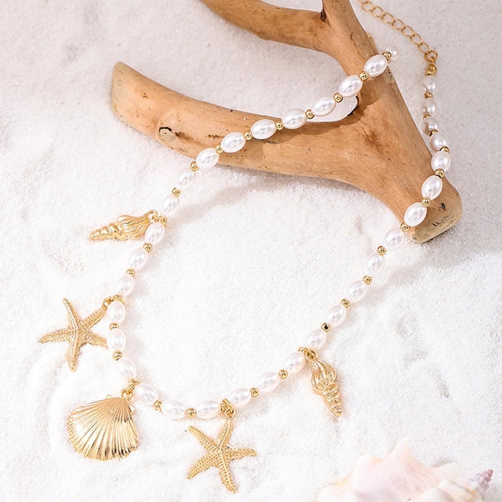 Dainty Gold Starfish Conch Oval Pearl Seashell Necklace for Women, Boho Statement Beaded Chain, Beach Holiday Party Jewellery thumbnail 6
