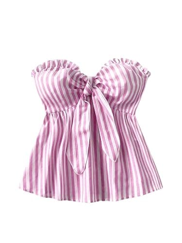 MakeMeChic Women's Striped Bandeau Shirt Bow Knot Frill Trim Ruffle Hem Shirred Summer Y2k Tube Top - Image 1
