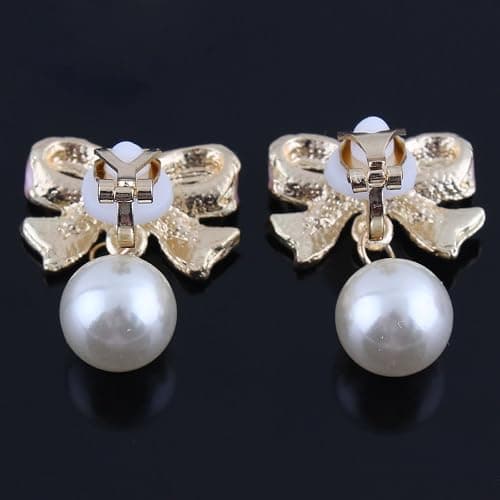 GRACE JUN Pink Bowknot Shape Clip on Earrings Without Piercing for Women Pearl Drop Earrings(Pink Bowknot Clip-ons) thumbnail 7