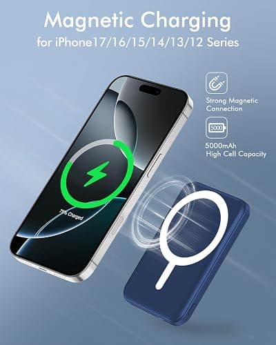 podoru for Magsafe Battery Pack, 5000mAh Magnetic Power Bank with Type-C Cable 20W PD Fast Charging Lighting Input Wireless Portable Charger for iPhone 17/16/15/14/13/12/ All Series-Dark Blue thumbnail 3