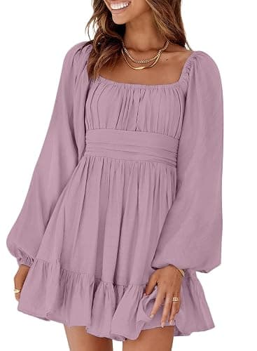 Dokotoo Womens Dress Long Lantern Sleeve Square Neck Tie Backless Sexy Dress Ruffle Elastic Waist A-Line Mini Dress - Image 1