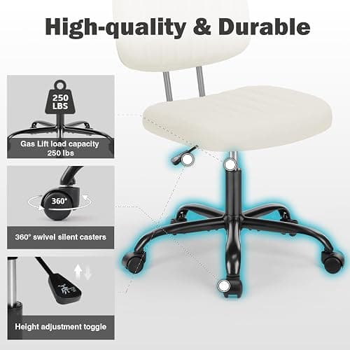NEWBULIG Armless Small Office Desk Chair with Low Back Lumbar Support, PU Leather Computer Vanity Chair with 360° Swivel Rolling Wheels, Height Adjustable Task Chair for Small Space, Beige thumbnail 7