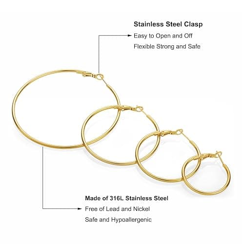 4 Pairs Gold Hoop Earrings for Women | 14K Gold Plated Hypoallergenic Small Large Earrings Set, Lightweight Stainless Steel Hoops thumbnail 5
