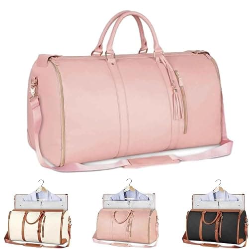 Weekend Bags for Women, Large PU Leather Travel Duffel Bag, 2 in 1 Carry On Garment Bag with Shoe Compartment, Waterproof Lightweight Overnight Holdall(Pink,Pink) - Image 1