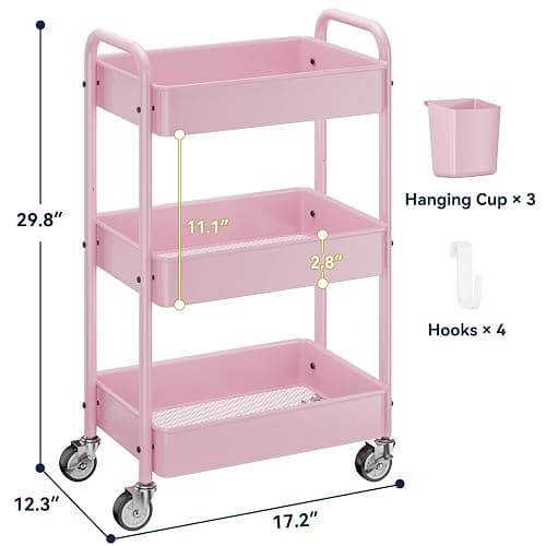 YASONIC 3-Tier Metal Rolling Cart, Heavy Duty Utility Cart with Lockable Wheels, Hanging Cups, Hooks, Mesh Rolling Storage Cart Craft Organizer, Lightweight and Sturdy, Pink thumbnail 3